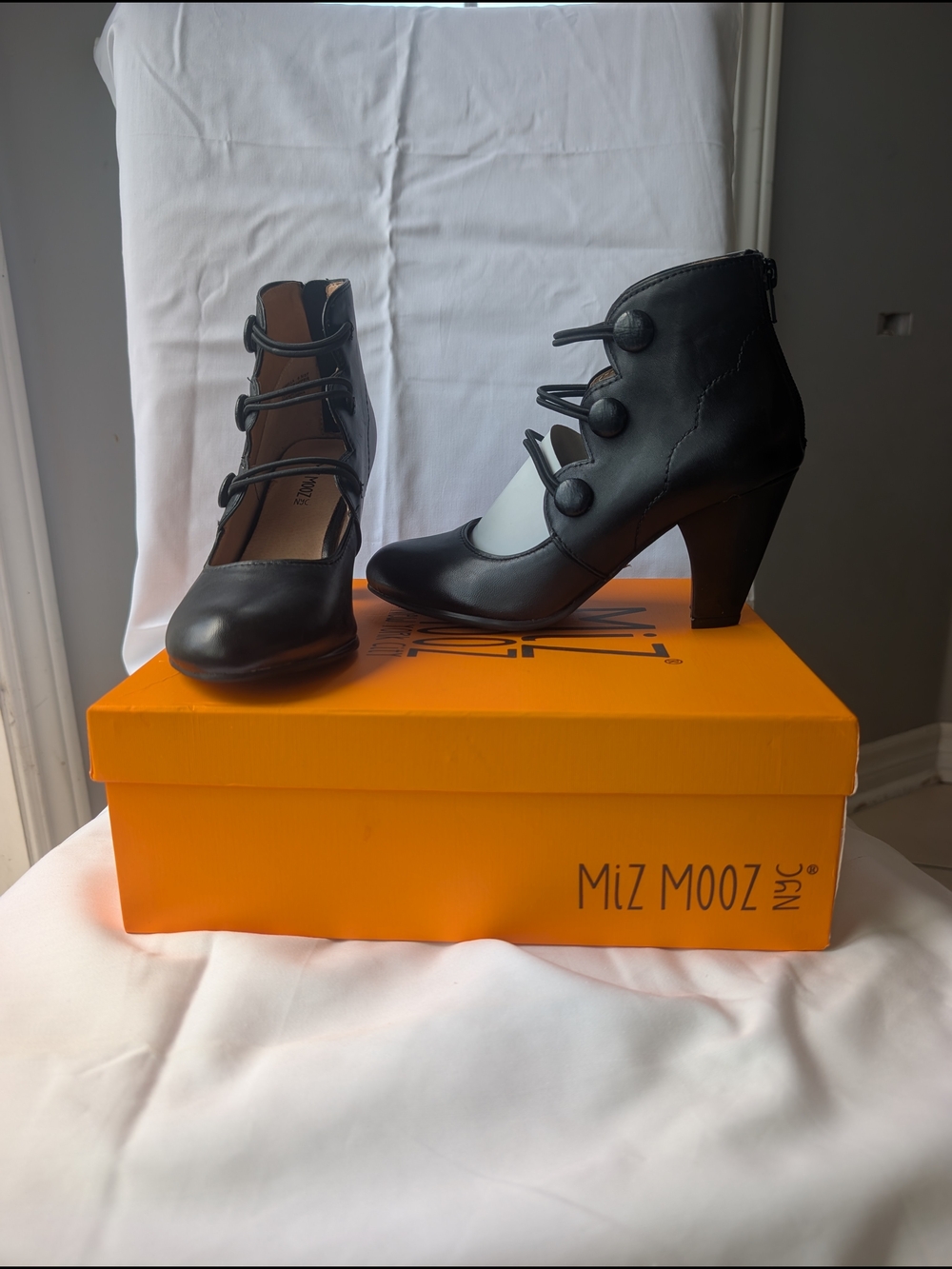Miz Mooz Black Button-Strap Mid Heel Pumps